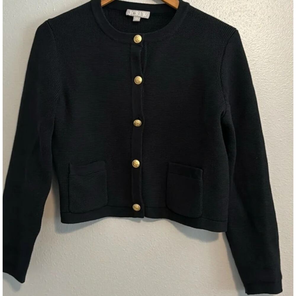 J.Crew Emilie sweater lady black cotton gold button jacket Small - Picture 3 of 3
